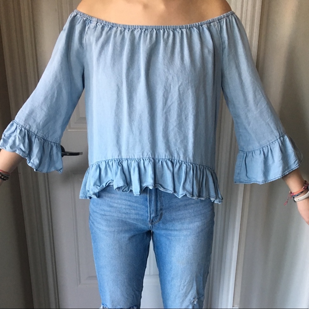 Blue off the shoulder blouse